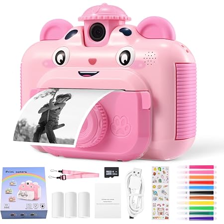 Appareil Photo Instantané Enfant 2.4" HD 1080P Avec 32Go SD, Papier Imprimante, Stylos Colorés – Cadeau Créatif Pour Filles Et Garçons De 3 à 12 Ans (rose)