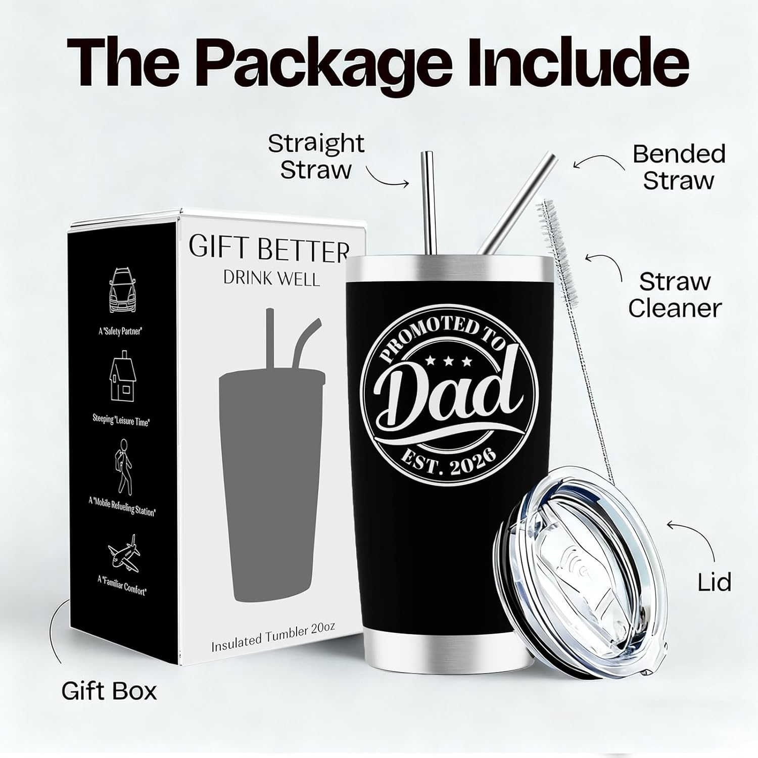 Promoted to Dad Est. 2026 Tumbler - New Dad Christmas Gifts, Gifts for First Time Father, New Father to Be, 20oz Stainless Steel Insulated Tumbler with Lid, Husband Gift from Wife, Black - Image 7
