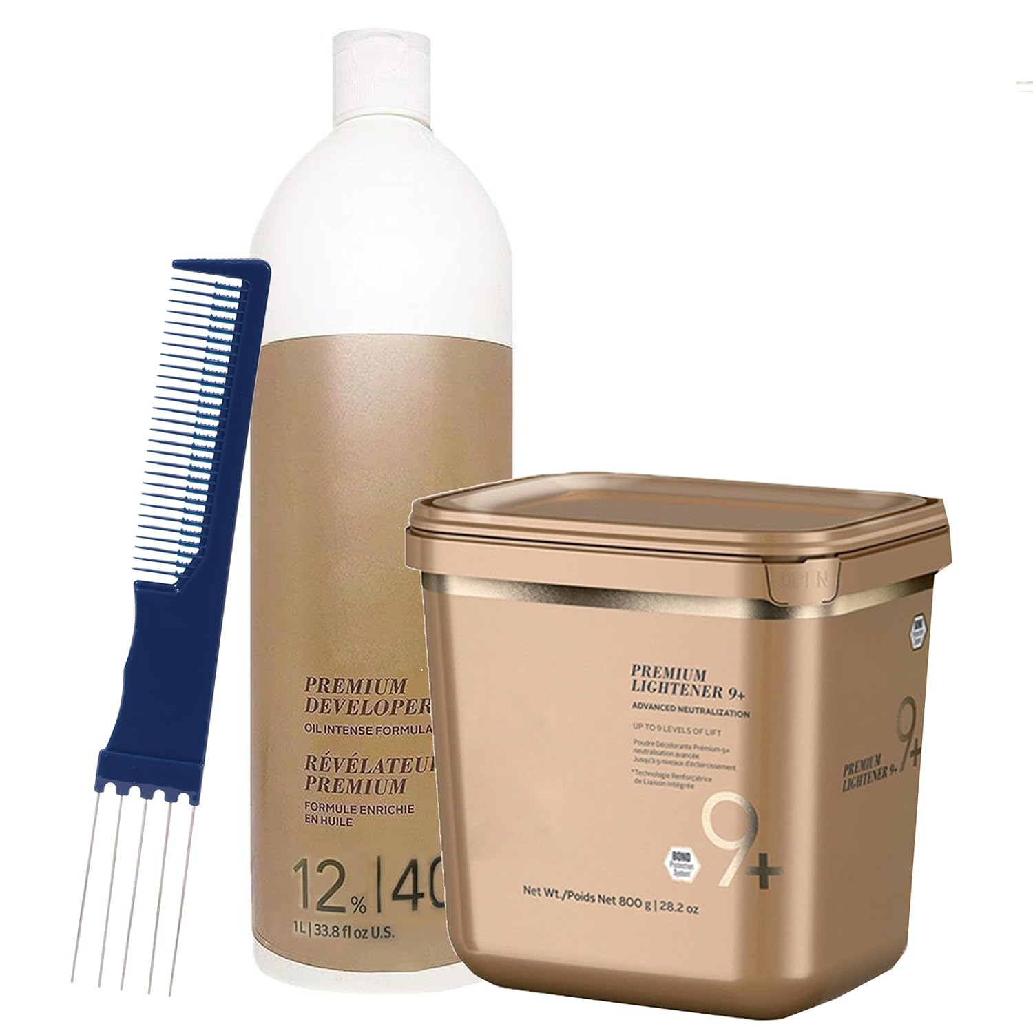 BlondeMe Lightener and Developer | Premium Bleach 800 grams, Developer 12% / 40Vol 1 Liter and Dual Purpose Comb (Bundle), Off White