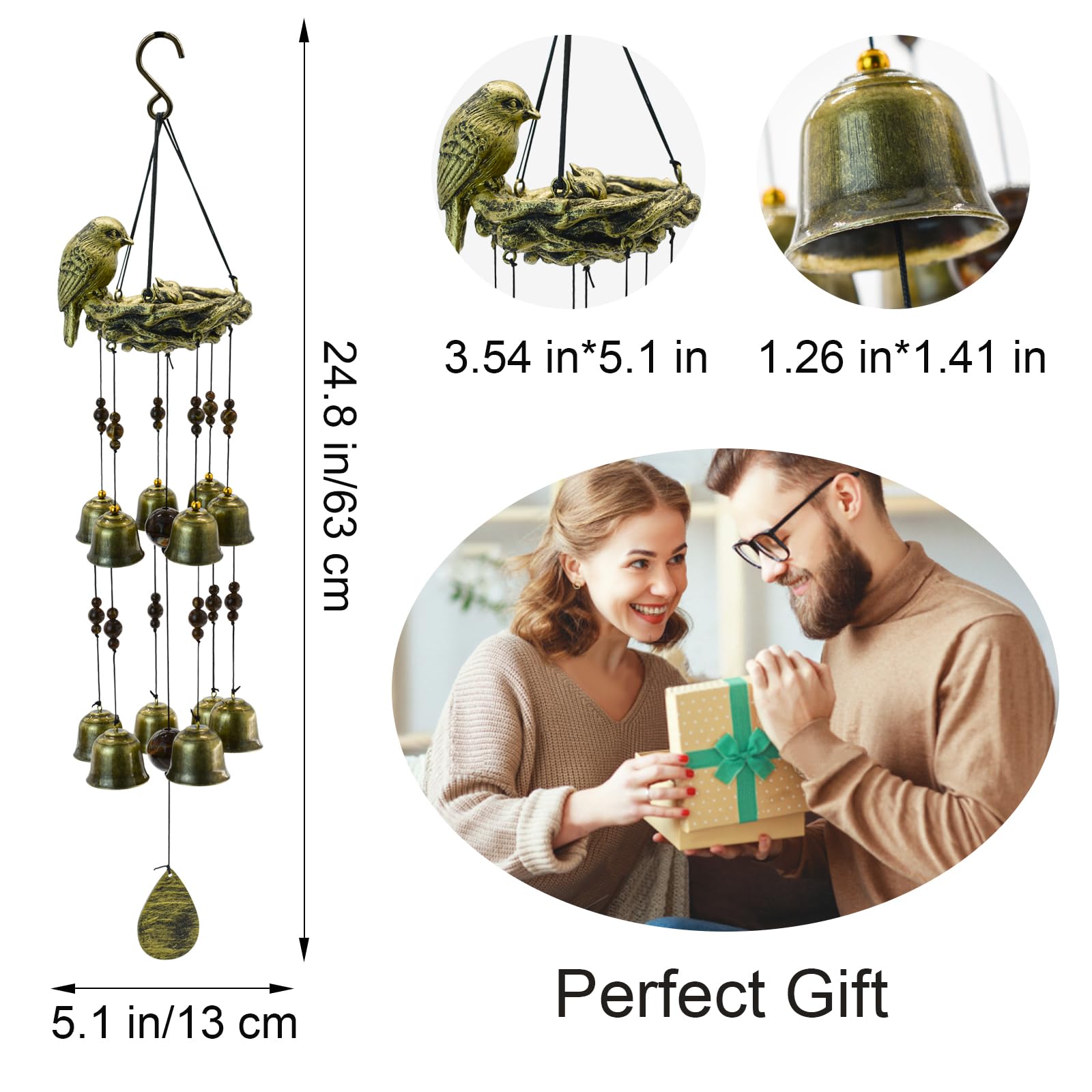 Carillon éolien nid d'oiseau avec 12 clochettes pour la gloire des mères - Cloches décoratives à suspendre pour extérieur, jardin, cour, décoration d'intérieur