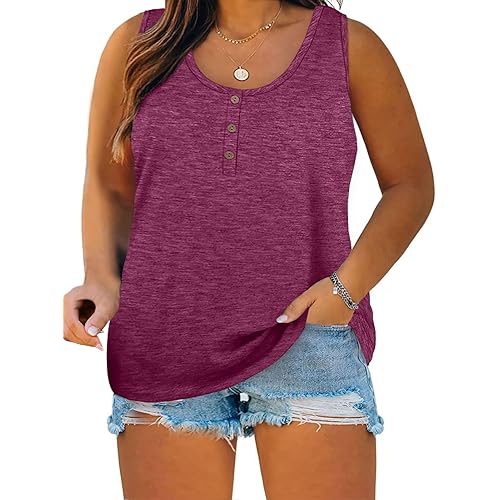 Womens Plus Size Tank Tops Summer Sleeveless Henley T-Shirts Tops Casual Button Down Tunics Shirts