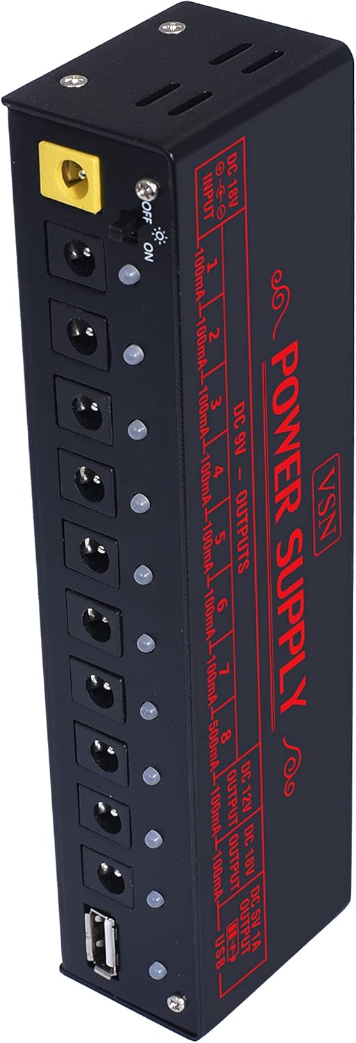 VSN Guitar Pedal Power Supply 10 Isolated DC Output for Power Supply 9V/12V/18V DC Outputs & USB Charging Port with Short Circuit/Overcurrent Protect