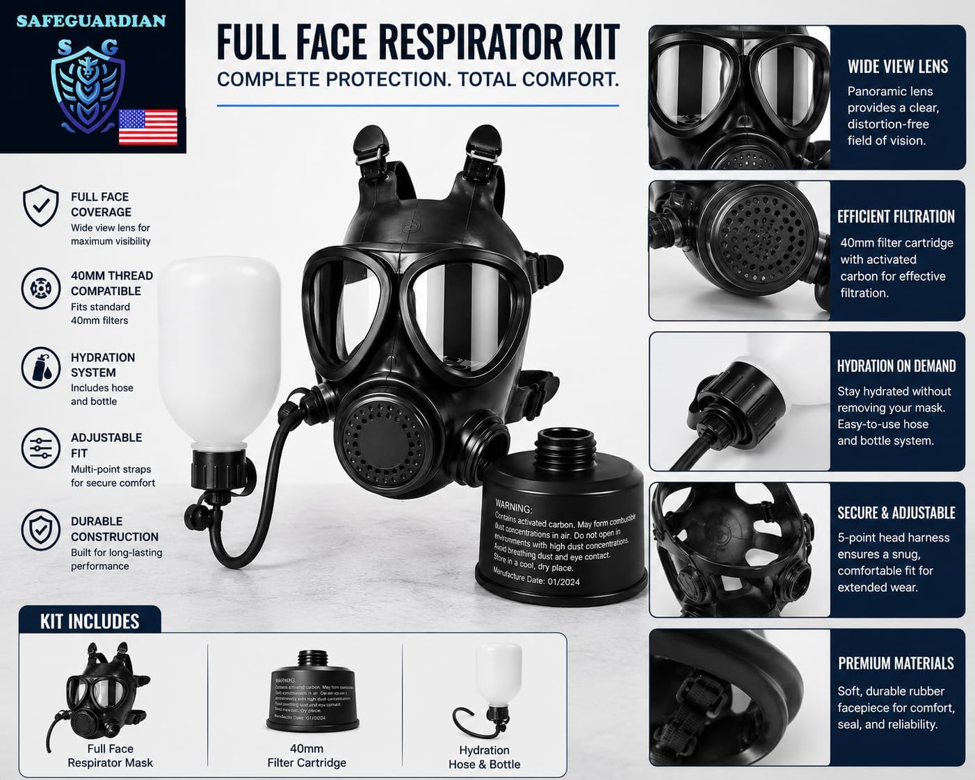 Full Face Respirator Mask with 40mm Filter & Hydration Kit | Mask 40mm Filter Hydration Bottle with Hose