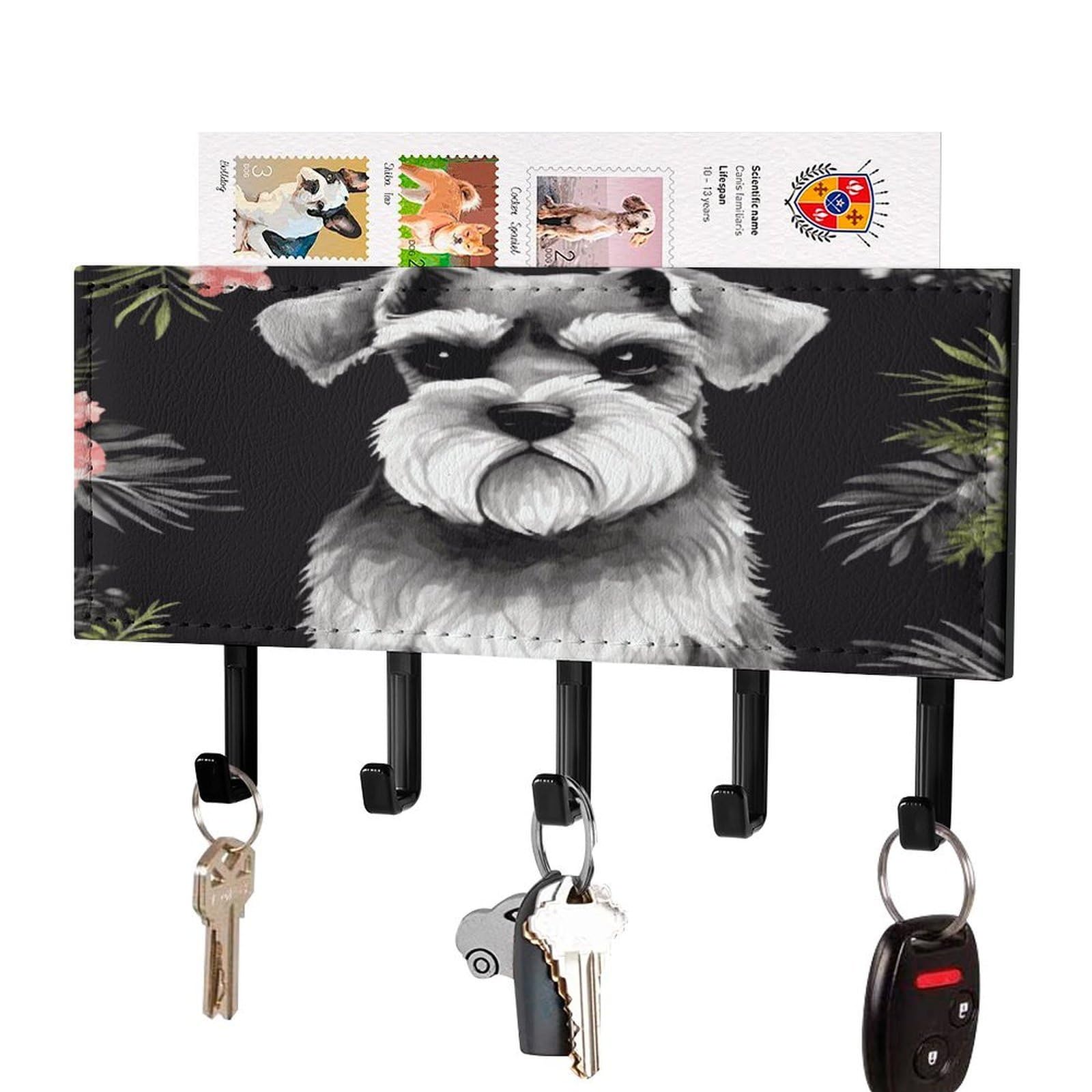 FekiLoot Schnauzer Key Holder for Wall Decorative Mail Organizer with 5 Key Hook Self Adhesive Key Rack with Tray Coat Rack Wall Mount Key Hanger Decor for Entryway Door