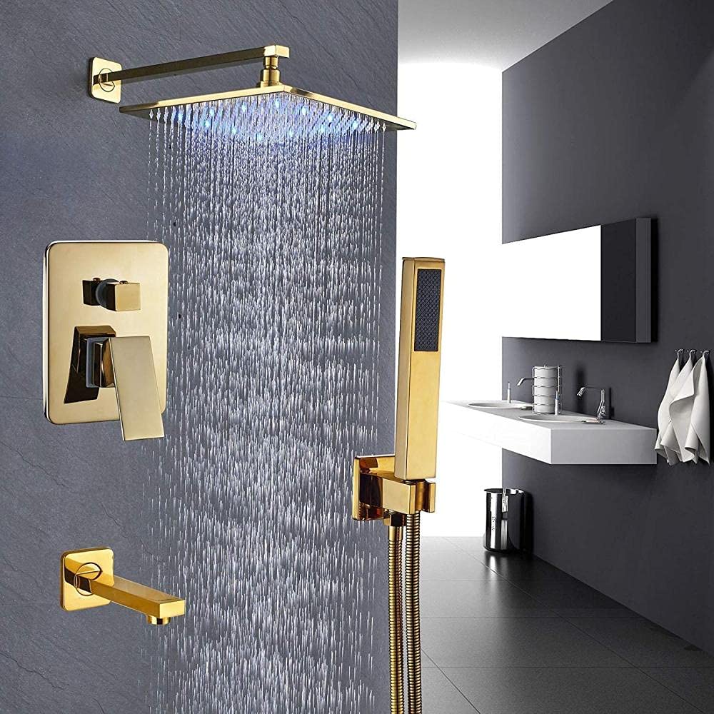ASerZenith LED Light Rainfall Shower Set 3 Way Mixer Kit Tub Faucet with Handheld Spray Gold Color(size_name-8In)
