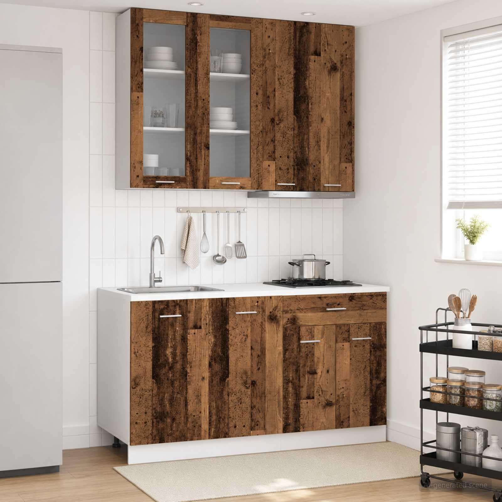 Küchenzeile Lyon 4-teilig Küchenblock aus Holzwerkstoff in Altholz-Optik, Miniküche Set mit Hängeschränken und Unterschränken für Küche und Esszimmer, 4-TLG.