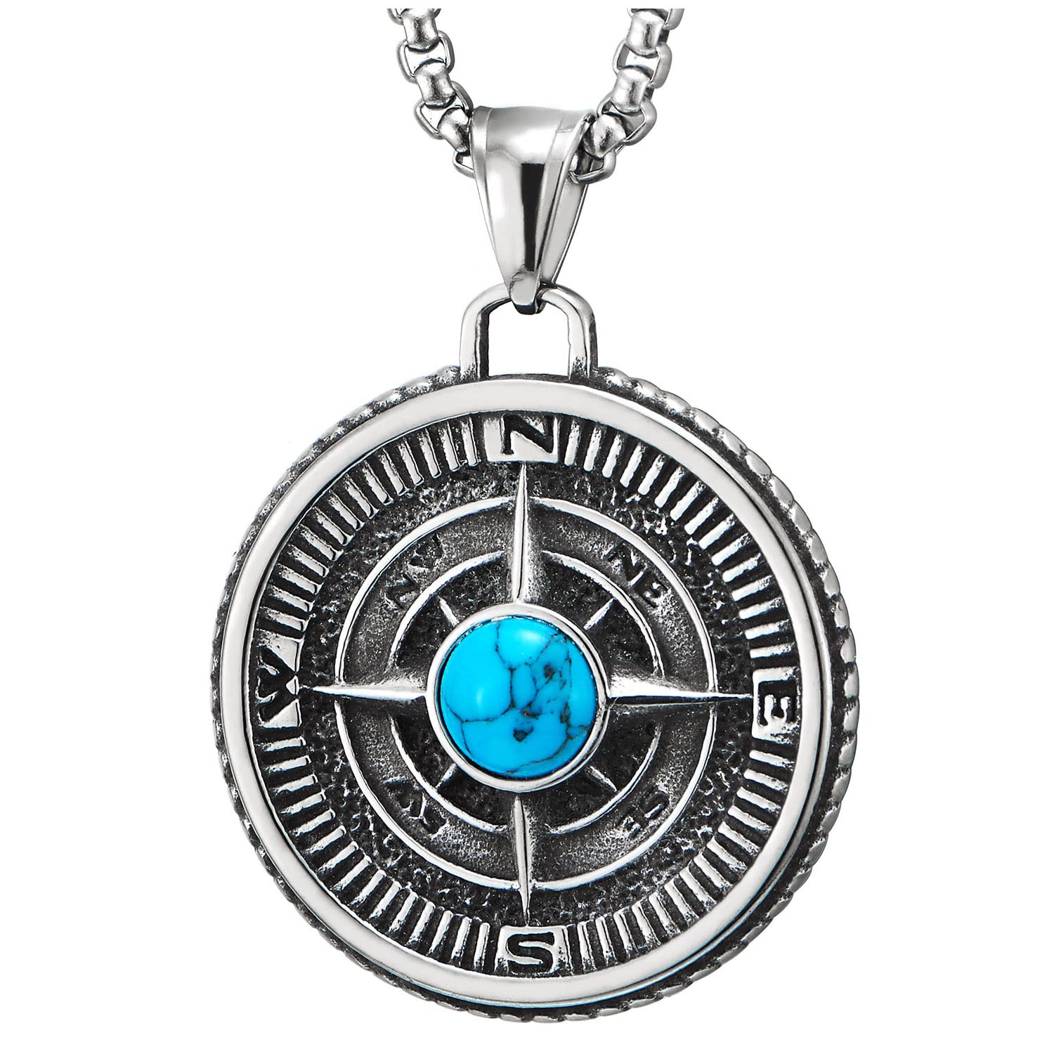 COOLSTEELANDBEYOND Vintage Brújula Círculo Medalla Collar con Colgante Piedras Turquesa, Hombre Mujer Acero, Cadena Trigo 60CM, Dos Caras