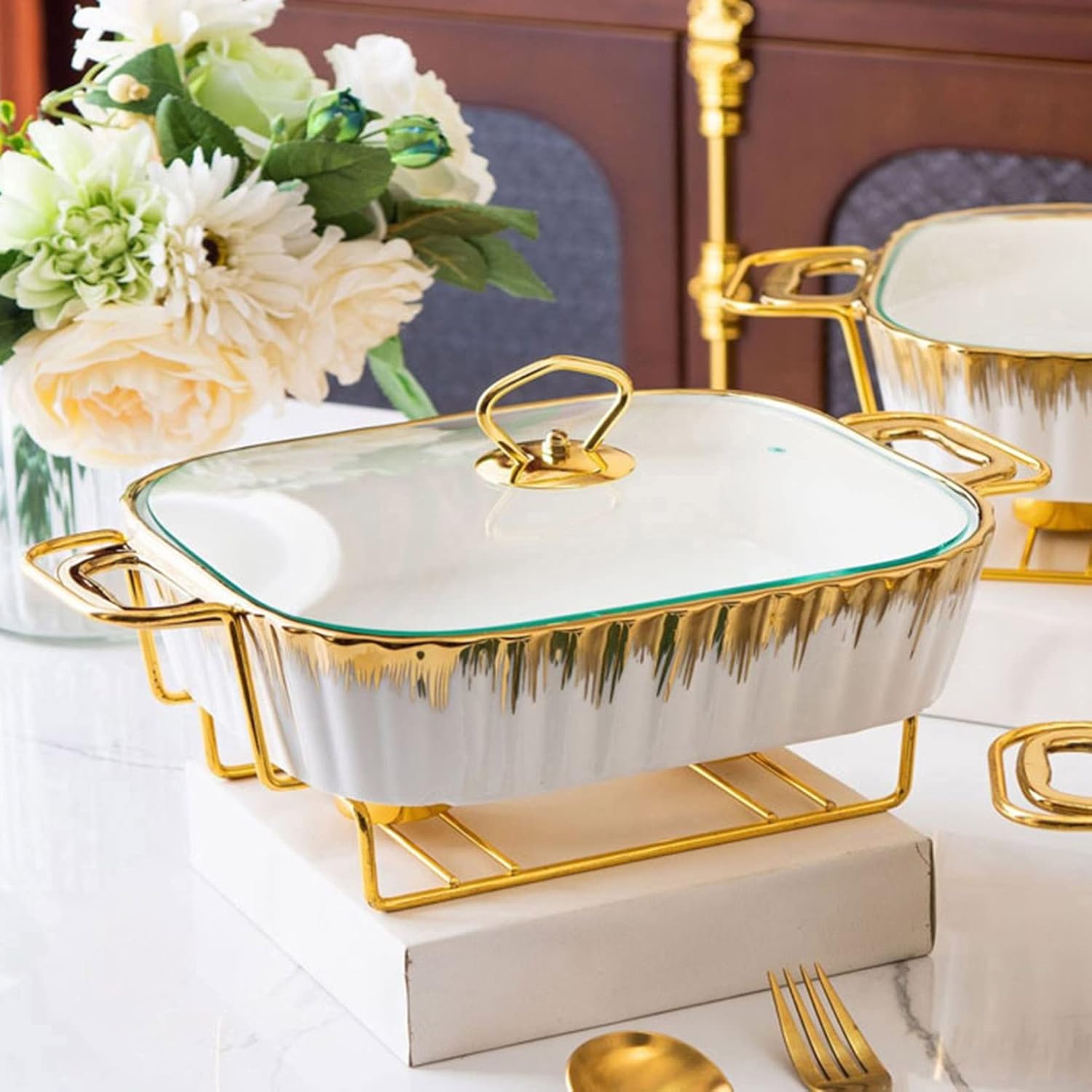 Ceramic Chafing Dish Set Buffet r with Warming Tray for Parties Weddings Banquets and Catering Events (White 1.5L)