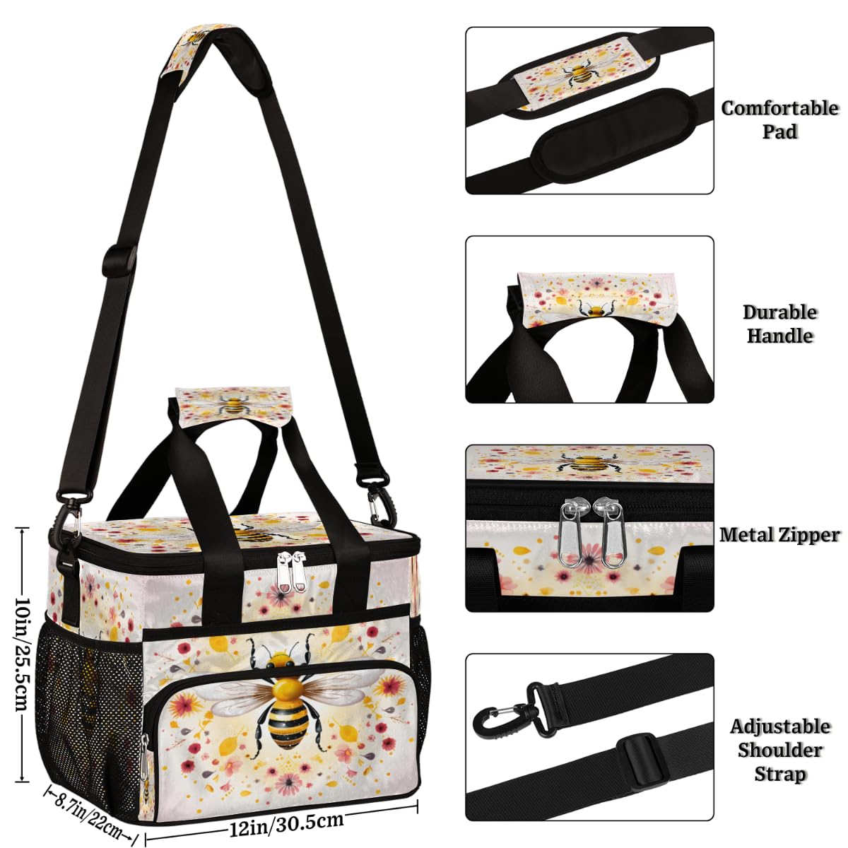 Honeybee Insulated Picnic Backpack Lunch Box for Women Men Picnic Basket Tote Lunch Bag Picnic Bag Portable Lunch Bags for Picnic, Beach, Work, Trip,Office, Camp Honeybee Floral