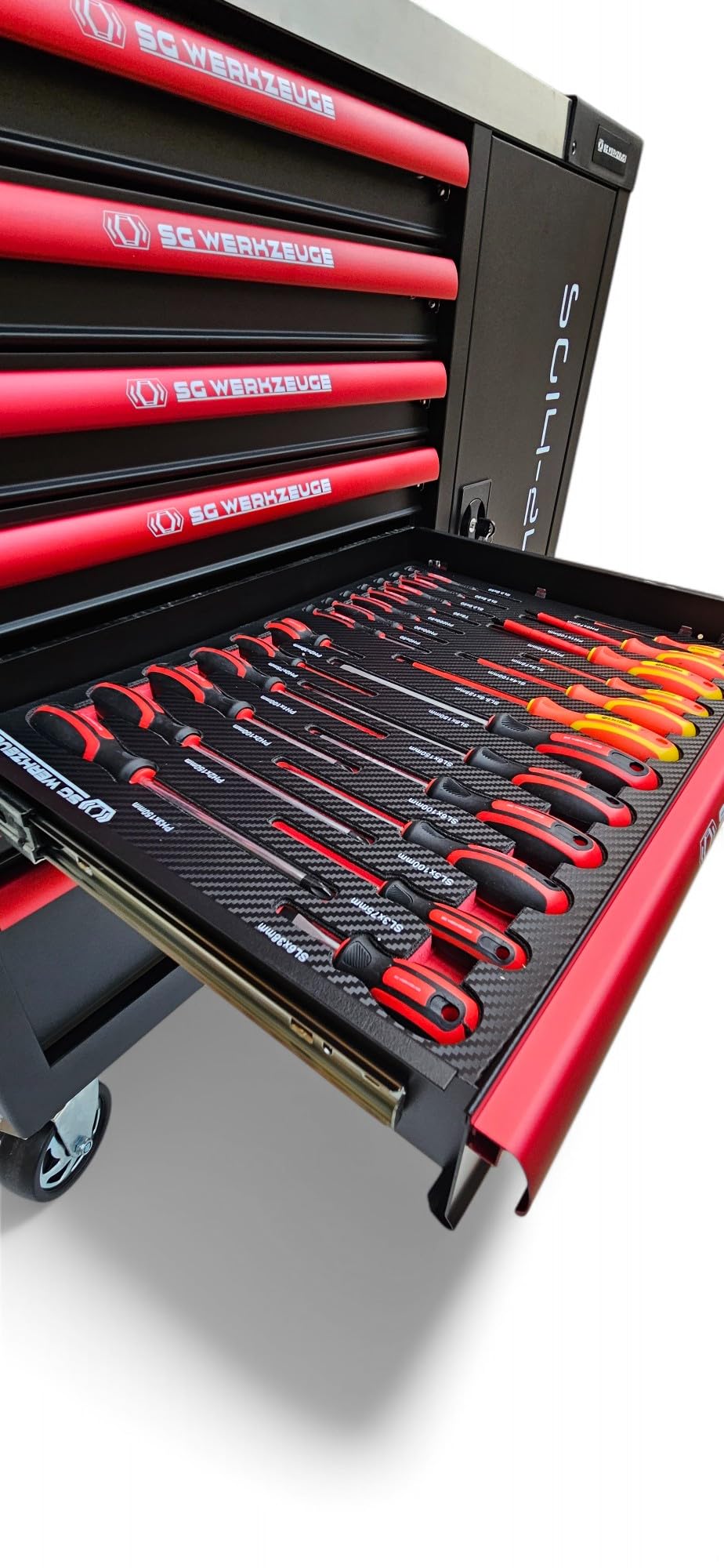 Chariot à outils XXL rempli de 7 tiroirs | Servante d'atelier de voiture avec insert aspect carbone | Boîte à outils de voiture équipée Red Black Edition