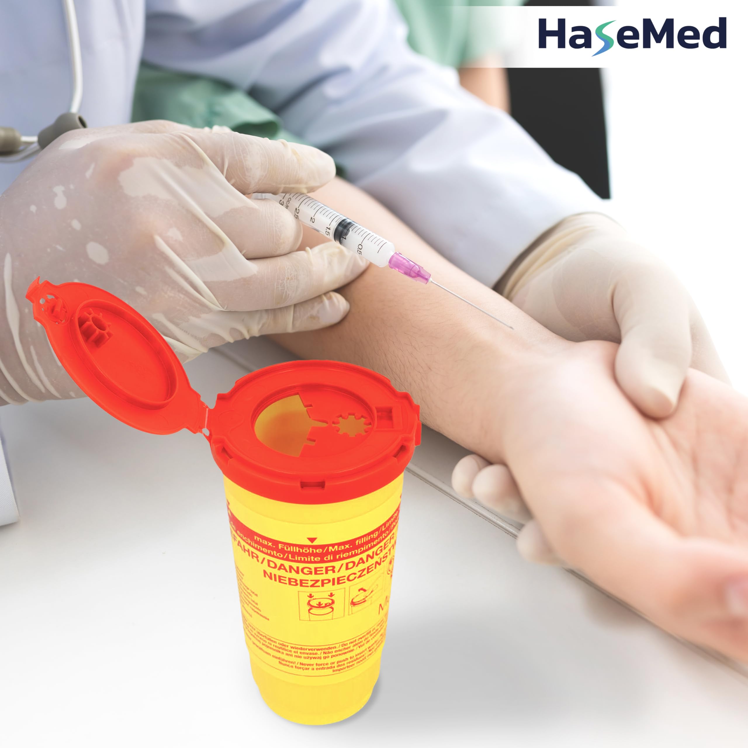 HaseMed Biohazard pojemnik na odpady z igłami, strzykawkami i ostrymi przedmiotami, bezpieczny, higieniczny, z czerwoną pokrywką, do klinik i placówek opieki (500 ml)