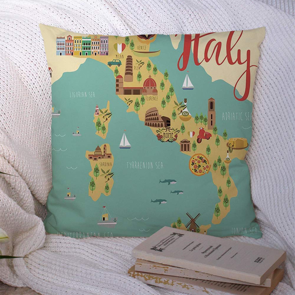 Decorative Throw Pillow Case Ocean Map Italy Element Tower Travel Italian Animals Roman Landmarks Rome Nature Olive Cheese Oil Polyester Square Cushion Cover for Couch Home Sofa Decoration 18x18 Inch