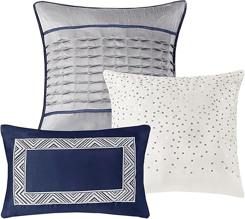 Miniatura 7 de Madison Park Juego de edredón Queen de jacquard lustroso y purpurina, conjunto de cubrecama para cama tamaño Queen  para todas las estaciones, juego