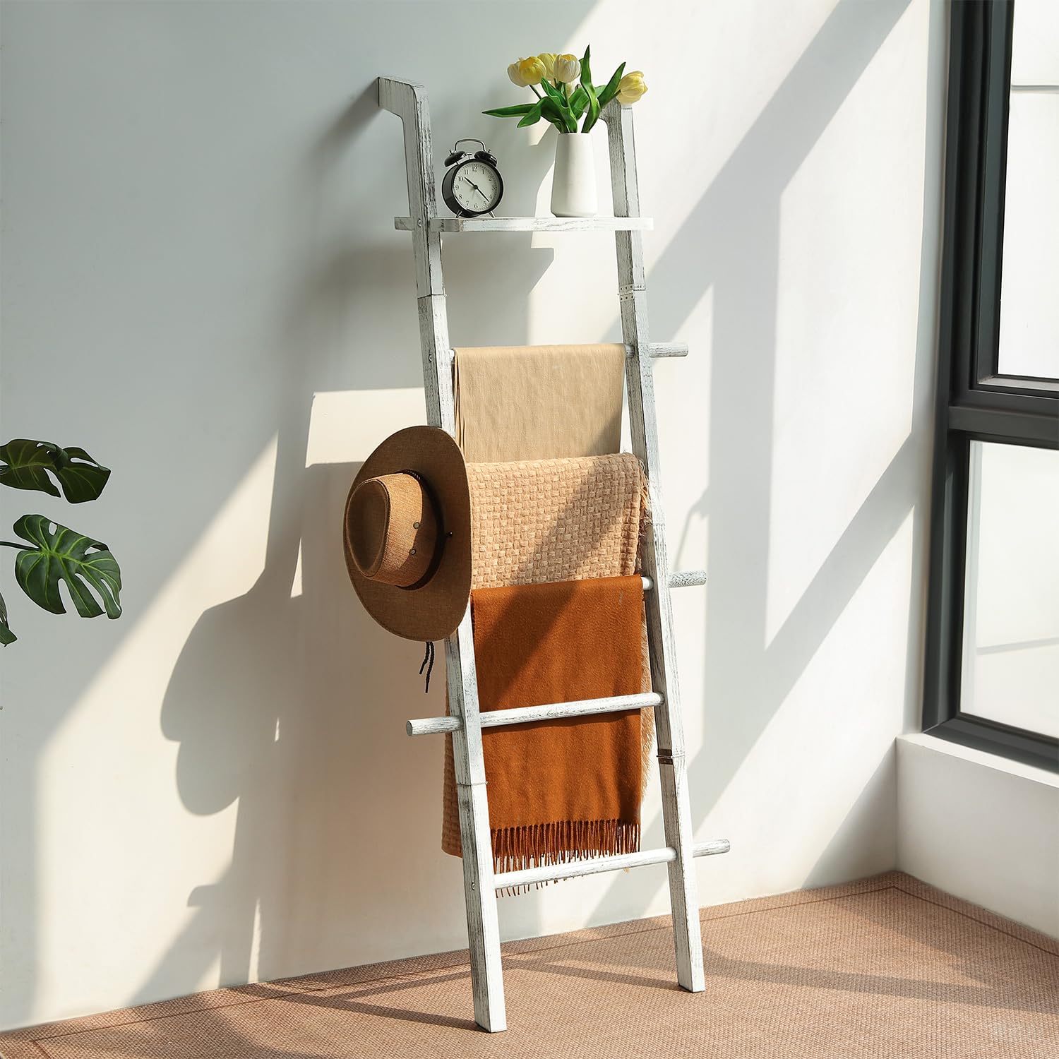 Taozun 67-Inch Farmhouse Blanket Ladder with Shelf and Hooks, 5-Tier Wooden Wall Leaning Towel Quilt Rack Holder for Living Room Decor