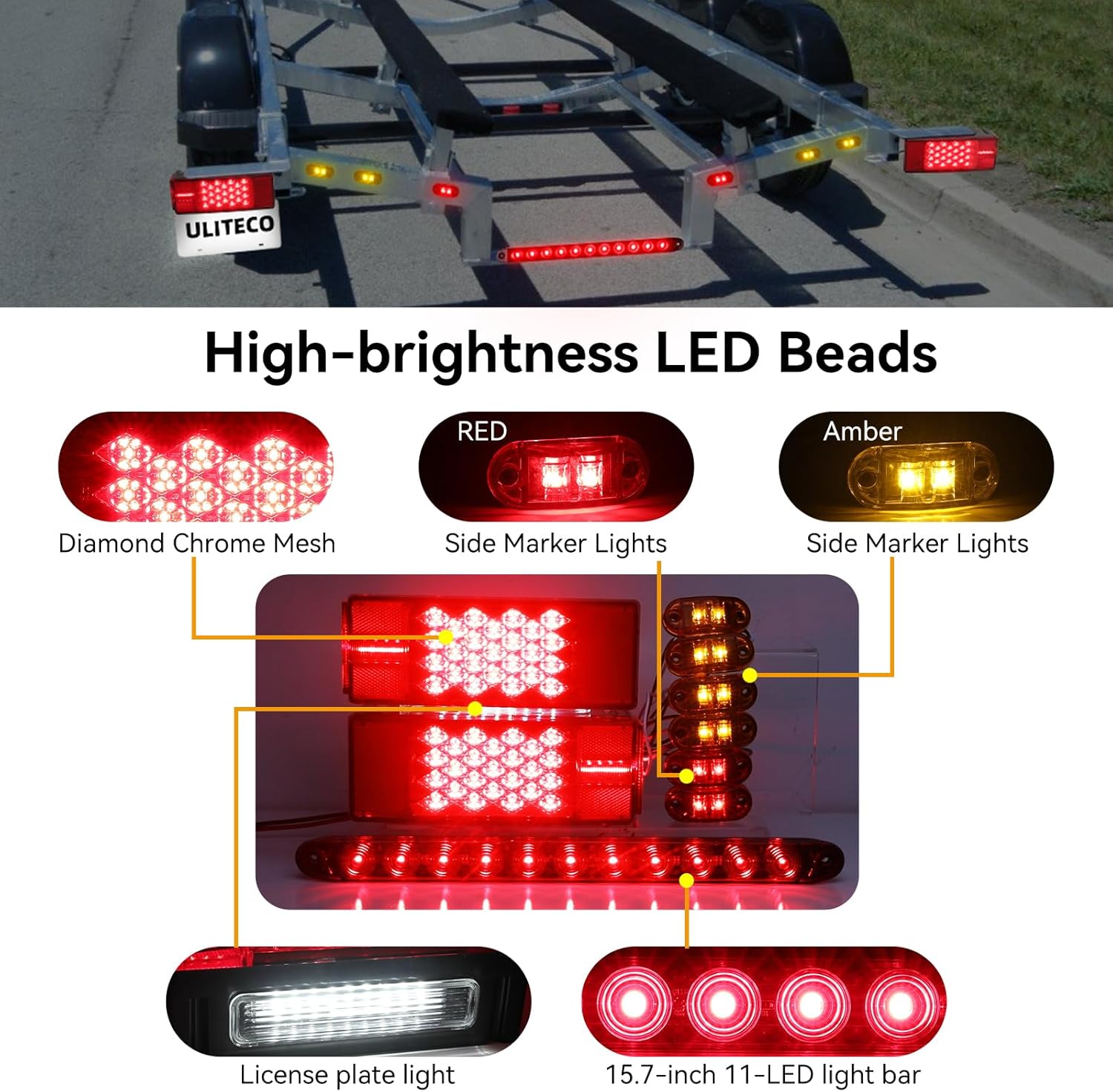 12V LED Trailer Light Kit,IP67 Waterproof Utility Boat Trailer Lights, Rectangular Brake Stop Turn Lights with License Plate Light, Brake Light Bar & Side Marker Lights, DOT Compliant