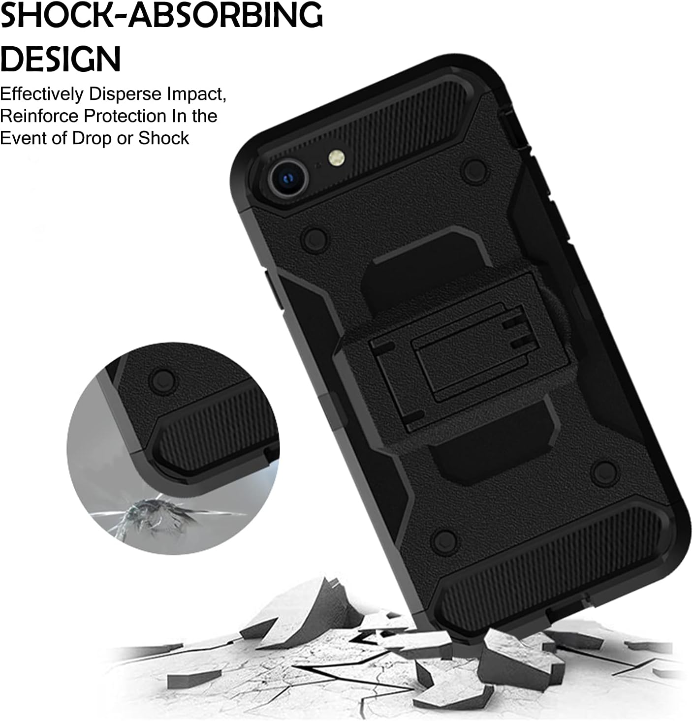 DuraSafe Cases for iPhone SE 2 (2020) / SE 3 (2022) - 4.7 Inch [ iPhone SE 3rd / iPhone SE 2nd Generation ] Durable Classic Printed Case 360° Rotatable Belt Clip Kick Stand - Black(with Holster)