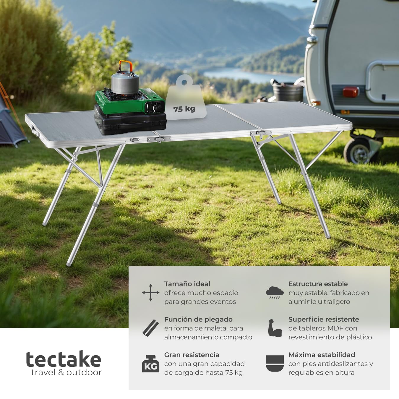 tectake® Mesa Plegable Aluminio, Mesa Camping Plegable con Altura Ajustable, Mesa Jardín Exterior con Asa de Transporte, Resistente a Intemperie, Ideal Acampadas, Jardín, Terraza, Picnic, 180x70x70cm
