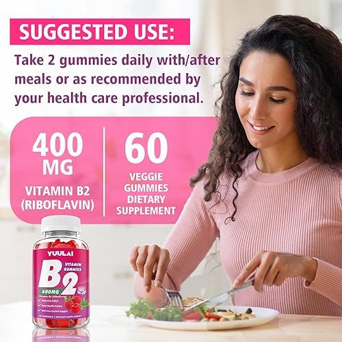 Miniatura 7 de Gomitas de vitamina B2 de 400 mg  Suplemento de riboflavina con magnesio para niños y adultos, gomitas B2 para aliviar la migraña, el sistema