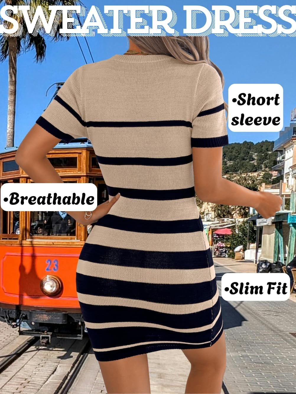 Women's Striped T-Shirt Dress, Fitted Knit Mini Dresses for Summer, Soft Stretch Bodycon Casual Outfits - Image 4