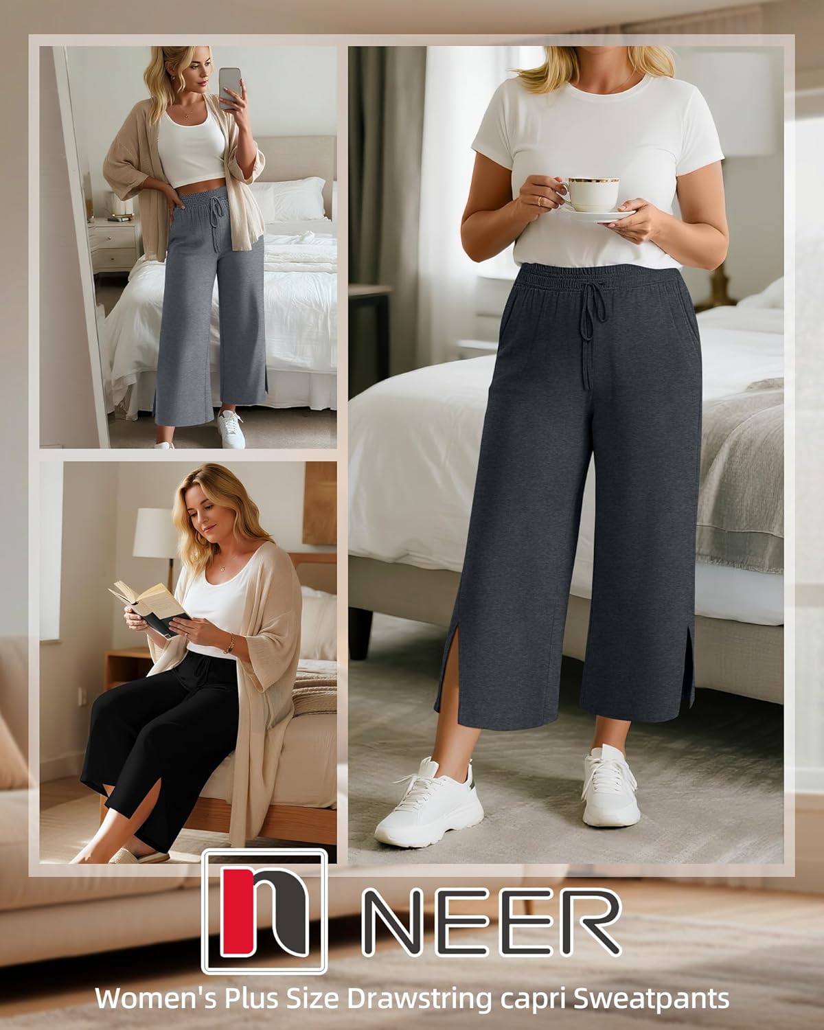 Neer 3 Pack Women's Plus Size Capris, Drawstring Cropped Wide Leg Pants Lounge Athletic Yoga Sweatpant with Pocket