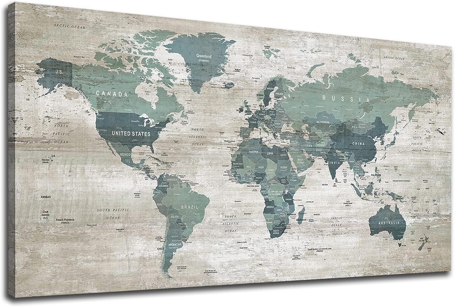 Large Vintage World Map Canvas Wall Art Teal Map Canvas Pictures Grey Wooden Board Wall Decor Map of the World Framed Canvas Prints Decor for Home Office Living Room Bedroom Kids Room 24"x 48" 24x48 inches Teal