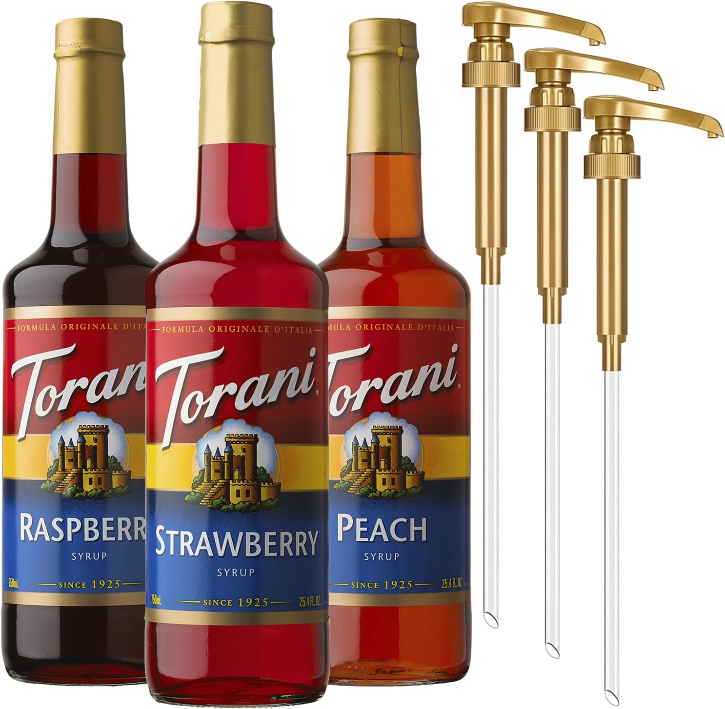 Strawberry, Peach, and Raspberry Syrup for Drinks, Variety 3-Pack, Flavoring for Iced Tea, Lemonade, and Sodas, Pumps Included, 25.4 Oz Ea