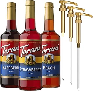 Torani Strawberry, Peach, and Raspberry Syrup for Drinks, Variety 3-Pack, Flavoring for Iced Tea, Lemonade, and Sodas, Pumps Included, 25.4 Oz Ea