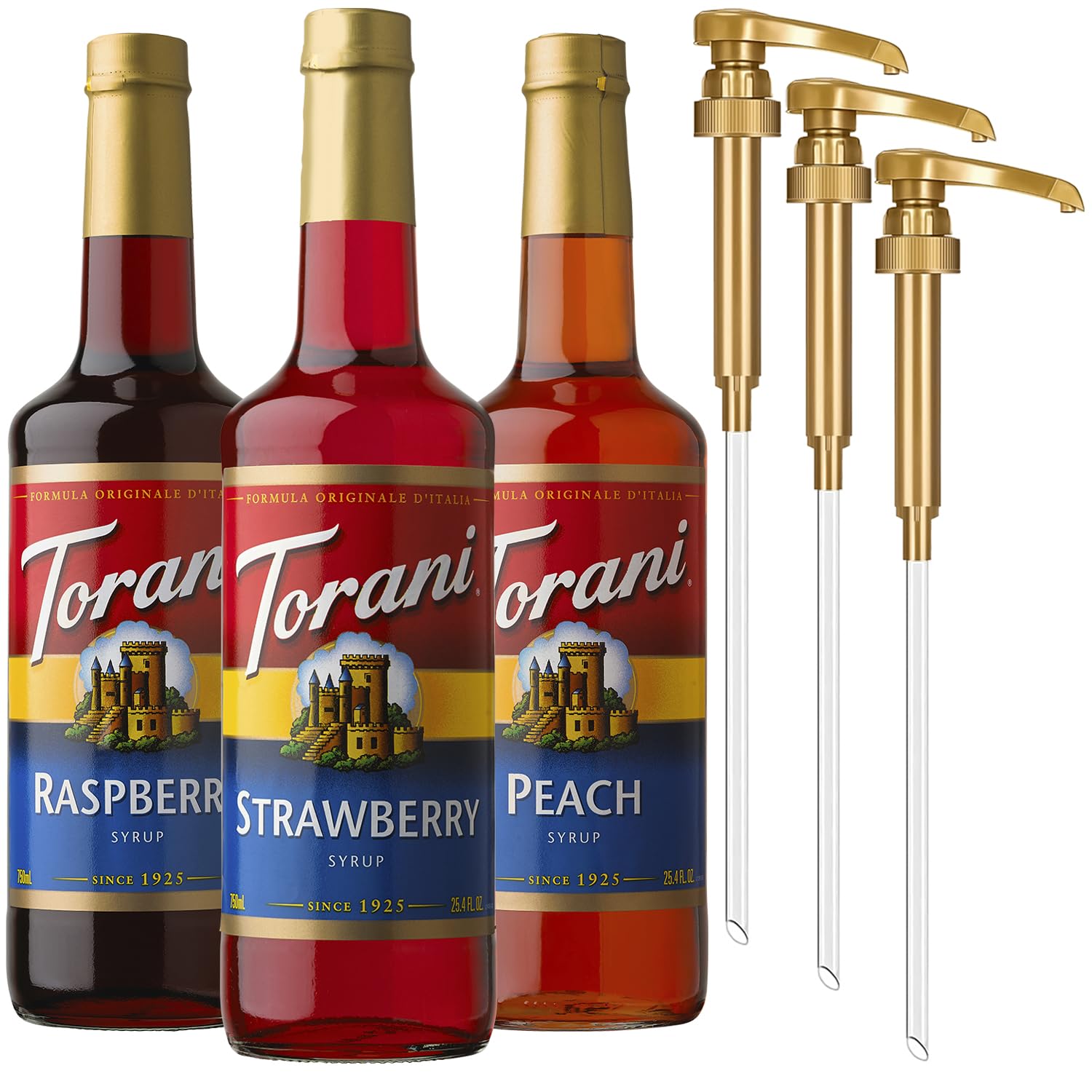 ToraniStrawberry, Peach, and Raspberry Syrup for Drinks, Variety 3-Pack, Flavoring for Iced Tea, Lemonade, and Sodas, Pumps Included, 25.4 Oz Ea