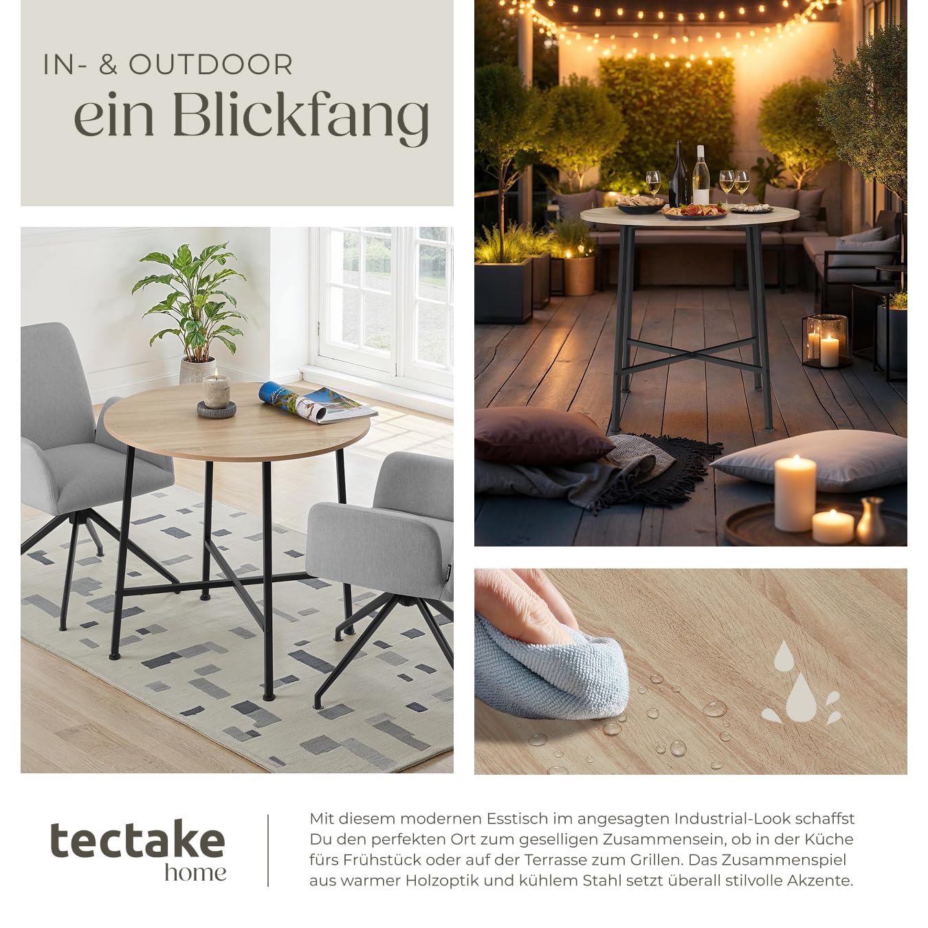 tectake® Industrial Esstisch rund, Kleiner Küchentisch, 80 x 76 cm (Ø x H), Holztisch, runder Tisch, Küchenmöbel, Tisch Wohnzimmer, Dining Table, Esstisch Holz - Industrial Holz Hell, Eiche Sonoma