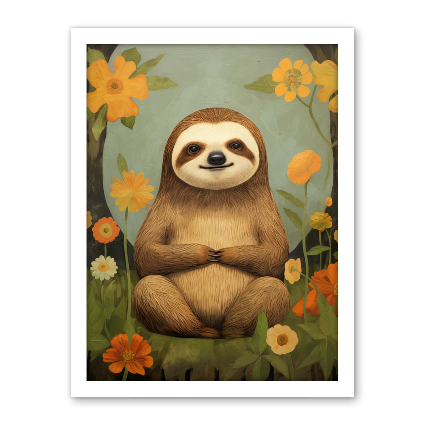 Artery8 Smiling Sloth Meditating in Forest Flowers Kids Bedroom Artwork Framed Wall Art Print 18X24 Inch