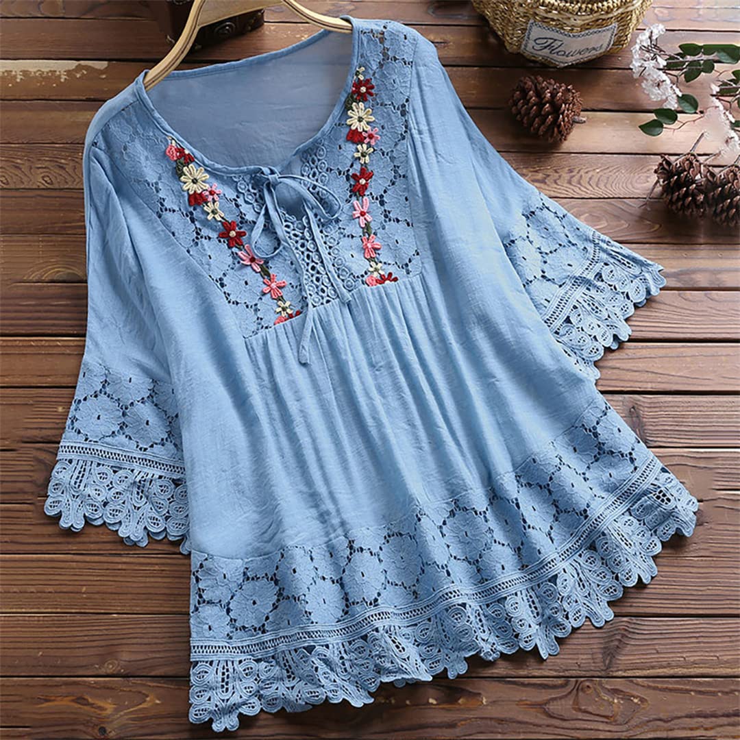 Camicetta da Donna in Pizzo con Scollo a V e Maniche a 3/4 Camicie estive in Lino Patchwork Vintage Casual Top a Tunica Larga 1-Blue L
