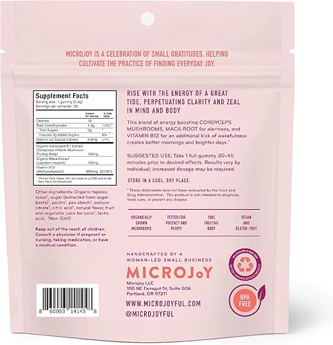 Miniatura 6 de Microjoy Motivate Gummies - Energía, resistencia y apoyo cerebral con hongos Cordyceps, maca y vitamina B12 - Veganas, sin gluten, sin OMG - Sabor a