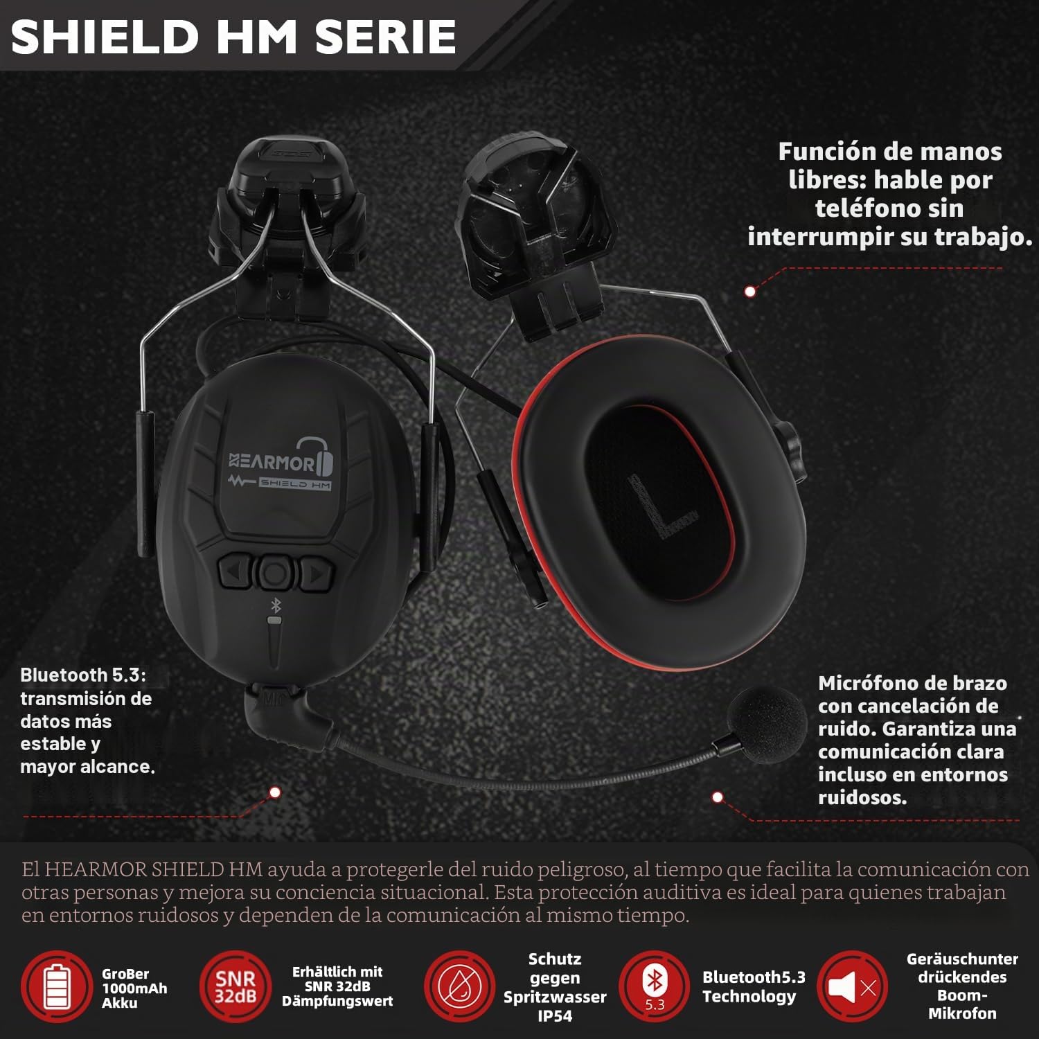 HEARMOR Protección auditiva rígida con Bluetooth, SNR 32 dB, protección auditiva fijada al casco, para trabajos de siega y trabajos intensivos en ruido