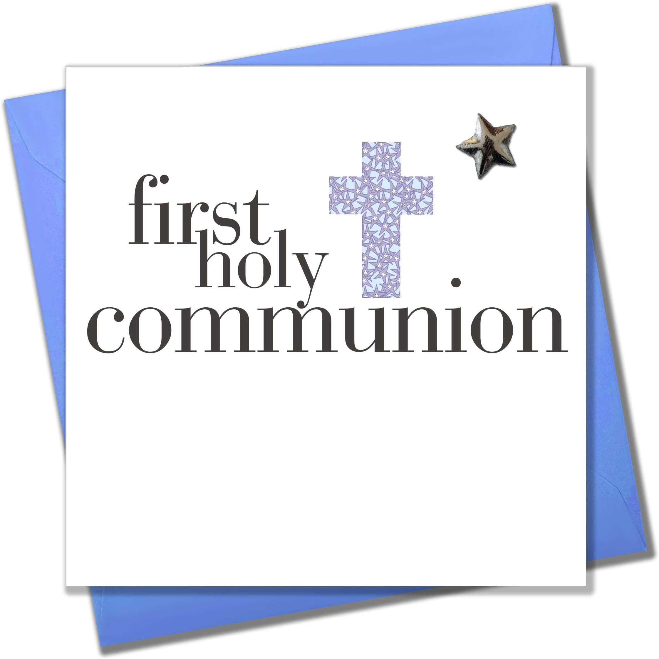 First Holy Communion Boy Card, Blue Cross design, Embellished with a shiny padded star