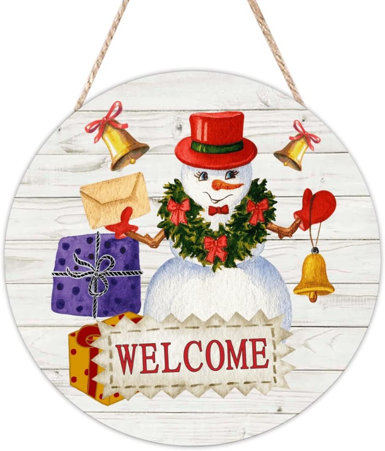 Christmas Snowman Welcome Wood Door Sign, Winter Front Door Round Welcome Wood Sign, 16x16in Merry Christmas Welcome Wall Door Hanging Sign for Backyard Front Porch Door Decor