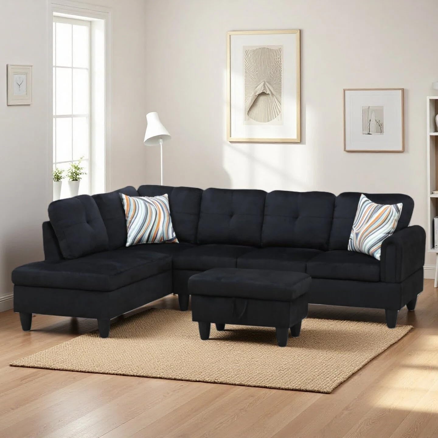 L Shaped Couch Sectional Couches with Chaise and Storage Ottoman, 3 Pieces Modular Convertible Sofa for Living Room Furniture Sets and Small Apartment, Black
