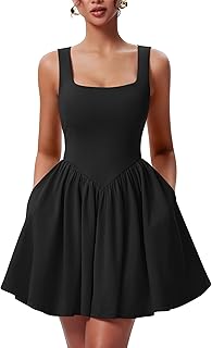 Women's Summer Sleeveless Square Neck A-line Ruffle Hem Mini Tank Dress with Pockets - Buy now