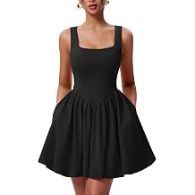 YMDUCH Womens Summer Sleeveless Square Neck A-line Ruffle Hem Mini Tank Dress with Pockets