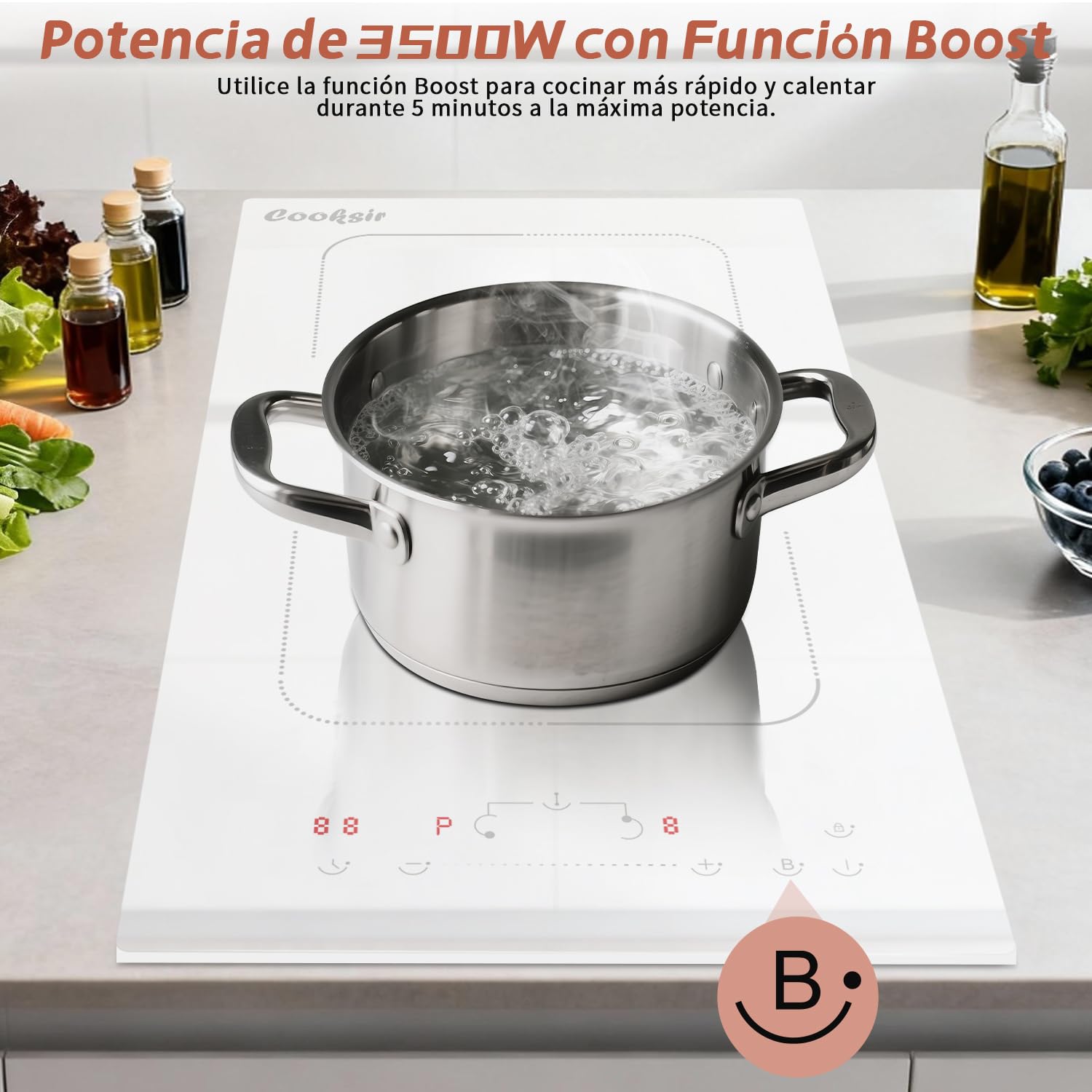 Placa de Inducción Blanca de 2 Fuegos, Induccion Dos Fuegos Blanco | Zona Flexible, Función de Boost, Temporizador, Bloqueo de Seguridad, 220 V ~ 240 V, 3500 W, con Enchufe