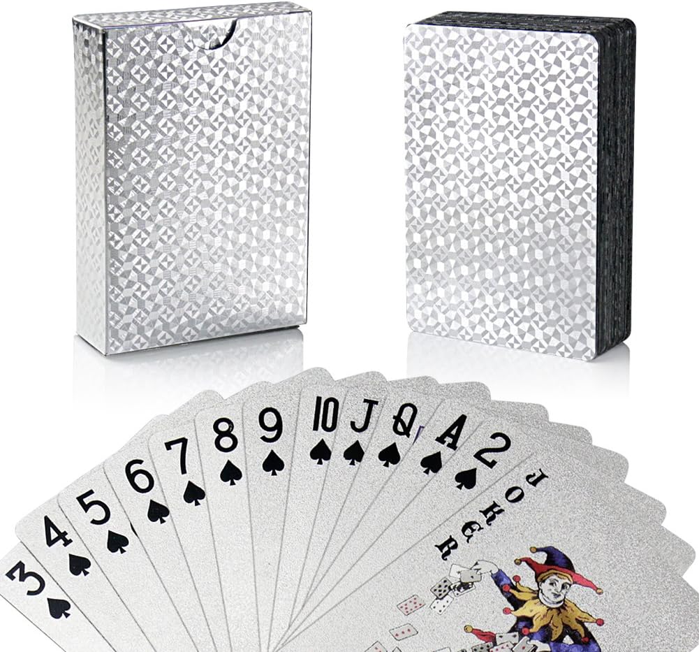 Silver Foil Poker Playing Cards, Waterproof Deck Poker Card with Gift Box, Perfect for Party and Game