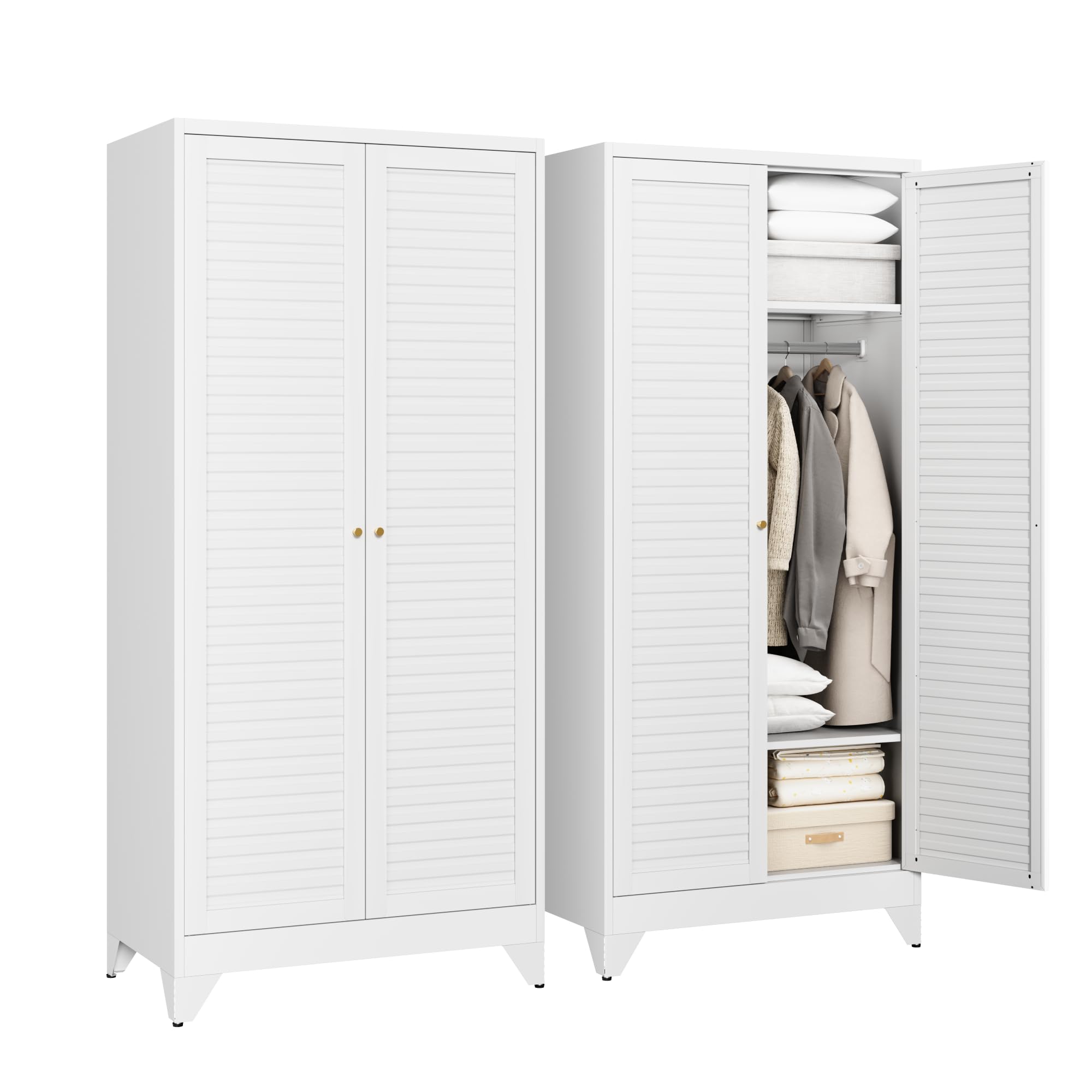 Letaya Armoire Wardrobe Closet,20" Deep Metal Wardrobe Cabinet with Doors and Shelves,Hanging Rod Clothing Storage Cabinets for Home Room (White)