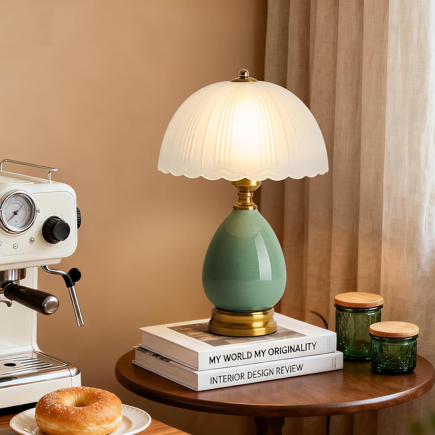 Ceramic Table lamp, Modern Bedside Lamps Green Mid Century Vintage Desk Lamp Retro Glass Mushroom Traditional Lamp for Nightstand Living Room Bedroom Home Decor (S04GN-1PACK)