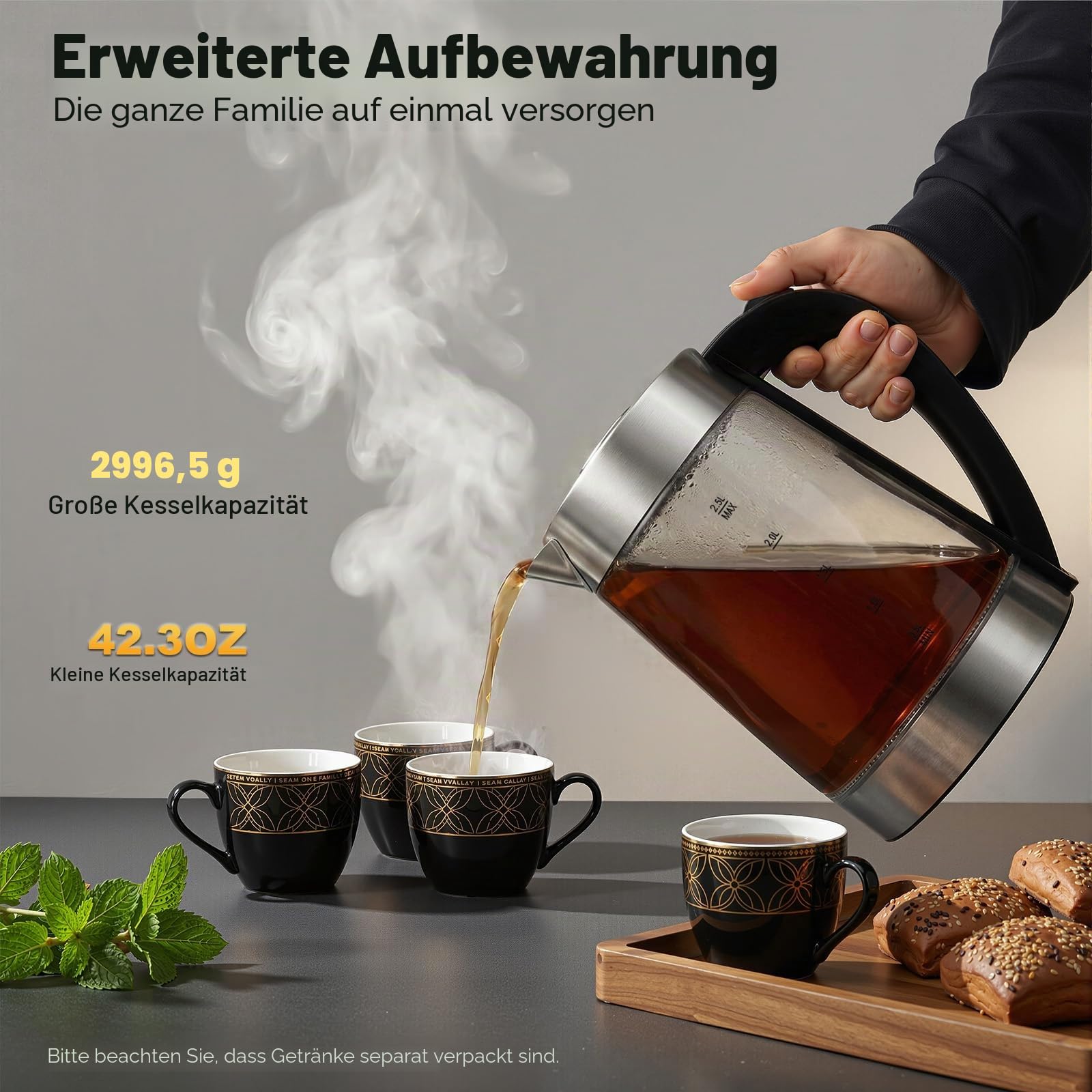 2.5L Wasserkocher Glas & 1L Teekocher Elektrisch mit Temperatureinstellung und Teesieb, 1800W / LCD-Anzeige zeigt Temperatur/Warmhaltefunktion/Abschaltautomatik