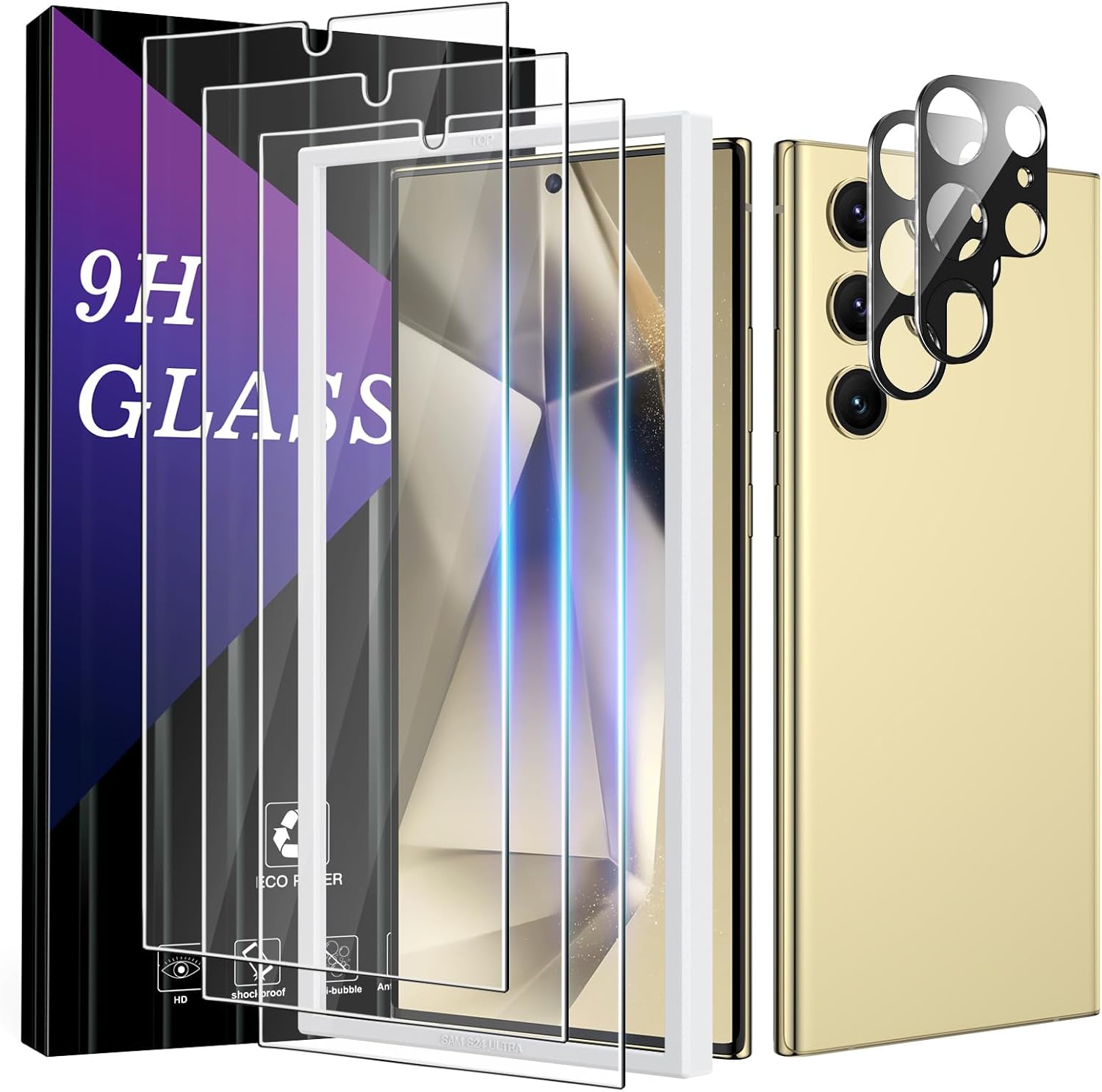 3+2 Pack for Galaxy S24 Ultra Screen Protector with Easy Fit Tool, [Fully Support Fingerprint] 3X Tempered Glass & 2X Camera Lens Protector, Case Friendly for Samsung S24 Ultra (2024)