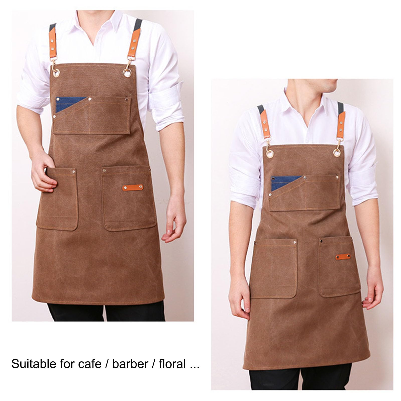 Grembiule da Lavoro in Tela da Uomo Regolabile Grembiuli Incrociato sulla Schiena con Tasche Adatto per Carpentiere Tatuatore Fabbri Pittore Barista Cream Gray,One Size