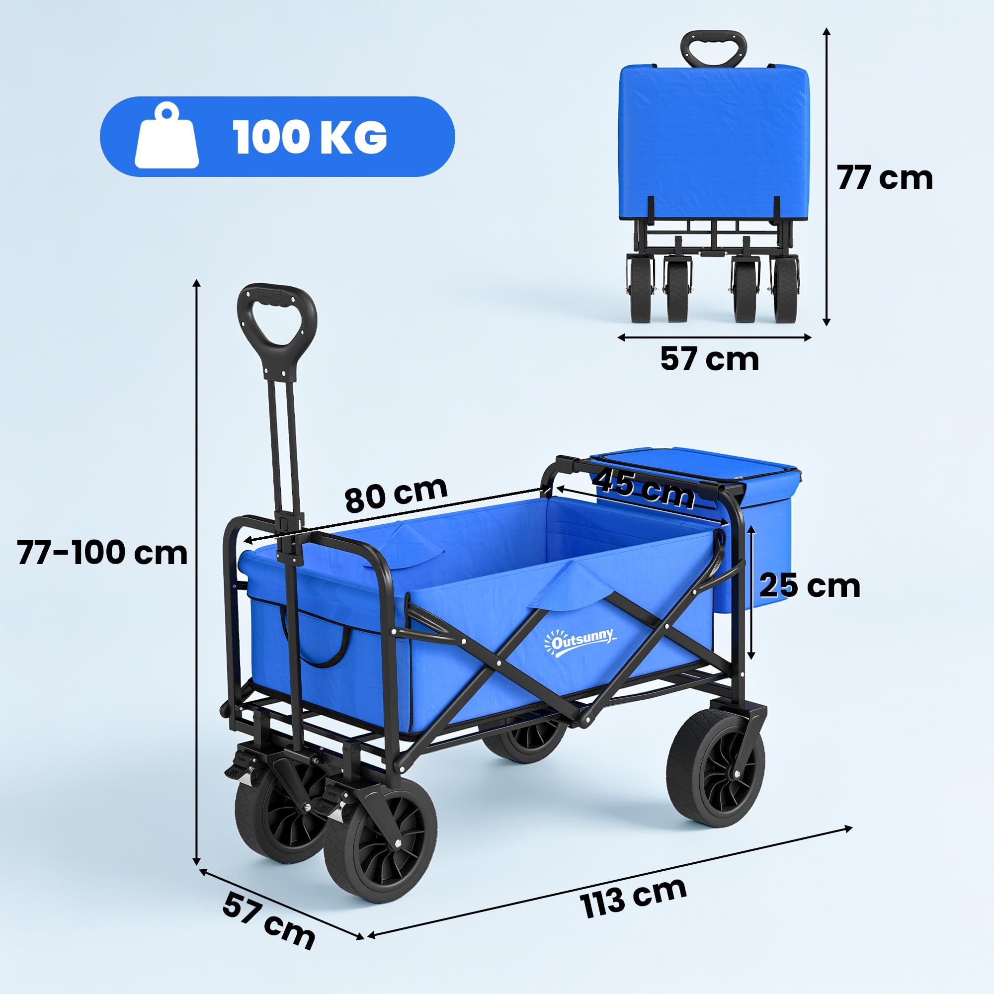 Outsunny Carro Plegable con Ruedas Grandes con Bolsa Térmica Desmontable Carro para Playa con Longitud y Ángulo del Mango Ajustables y Bolsa Transporte Carga 100 kg para Compra Jardín Exterior Azul