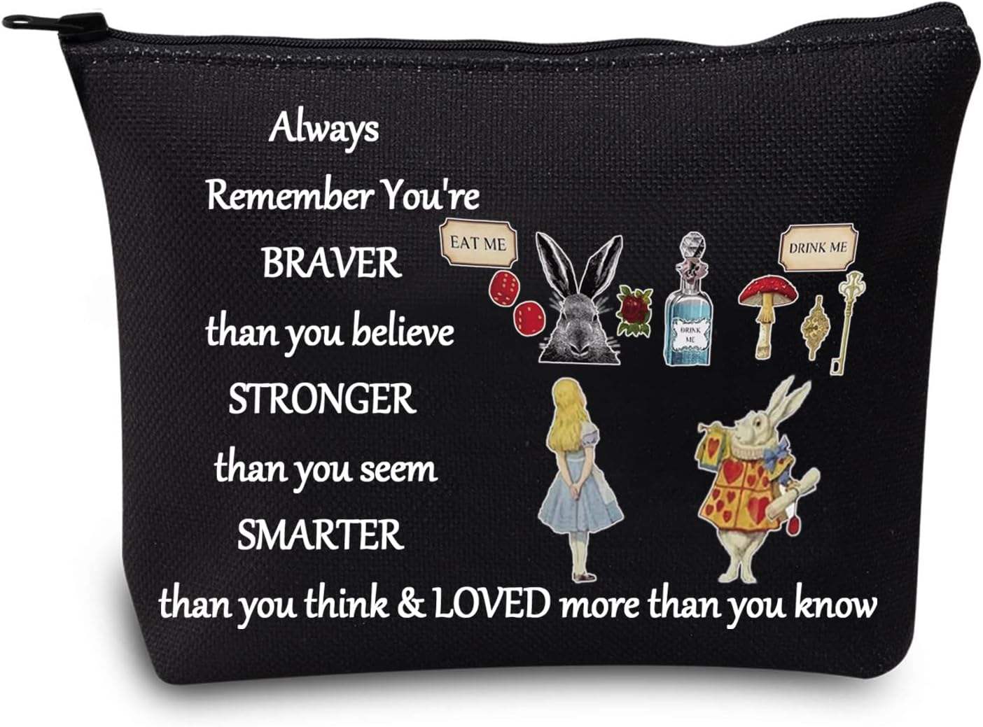 LEVLOAlice Movie Cosmetic Make up Bag Alice Fairy Tale Fans Gift Alice You Are Braver Stronger Smarter Than You Think Makeup Zipper Pouch Bag For Women Girls, Alice Black, Make Up Bag