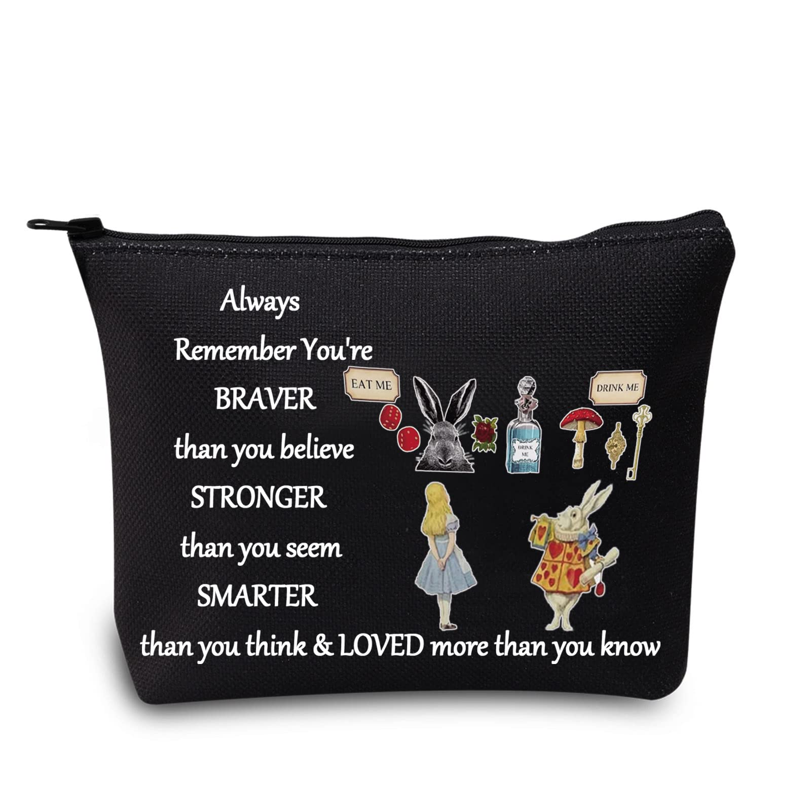 LEVLOAlice Movie Cosmetic Make up Bag Alice Fairy Tale Fans Gift Alice You Are Braver Stronger Smarter Than You Think Makeup Zipper Pouch Bag For Women Girls, Alice Black, Make Up Bag