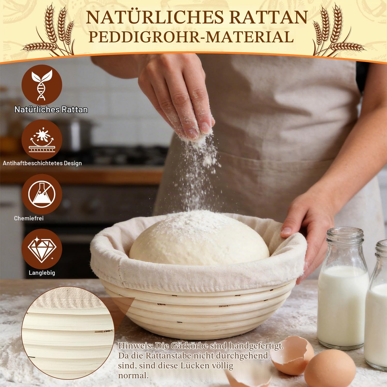 Sauerteig Starter Set,37-Teiliges Brot Backen Zubehör mit 2 Gärkörbchen (23cm Runde & 25cm Ovale) 700ml Gärglas,Teigschaber,Rostmesser,Gärtuch & mehr Sauerteig Zubehör Gärkörbchen Set