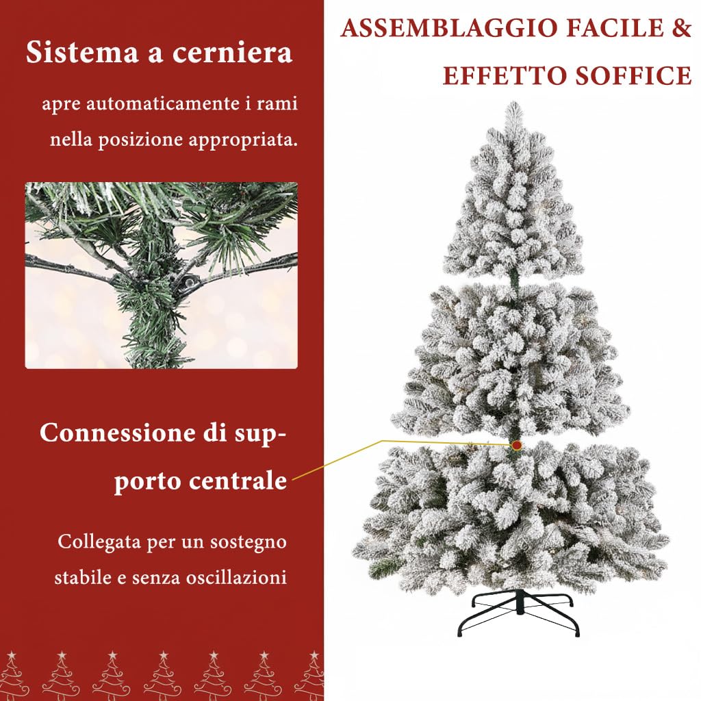 LEIVESTE-Albero di Natale Artificiale 150 Verde Innevato Super Folto,Base a Croce in Ferro Pieghevole Effetto Realistico Con Neve, rami con apertura ad ombrello. (150 CM)